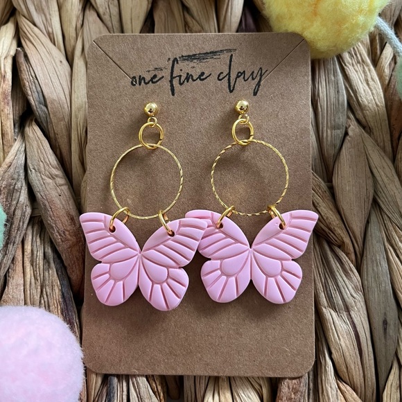 Butterfly Clay Dangle Earrings in Pastel Pink - Picture 5 of 7